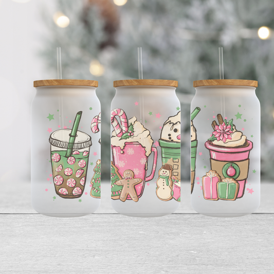 Pink Snowman - Frosted Can Glass